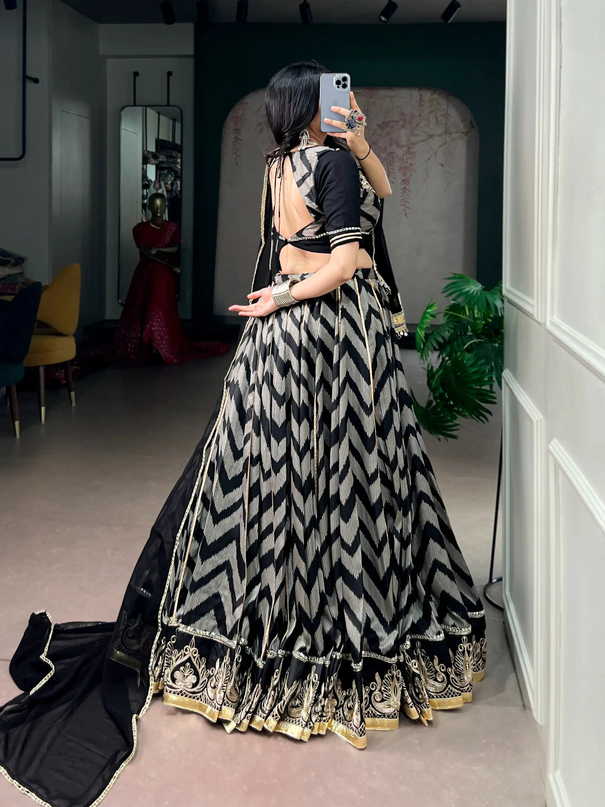 Black Zigzag Print Garba Lehenga Choli