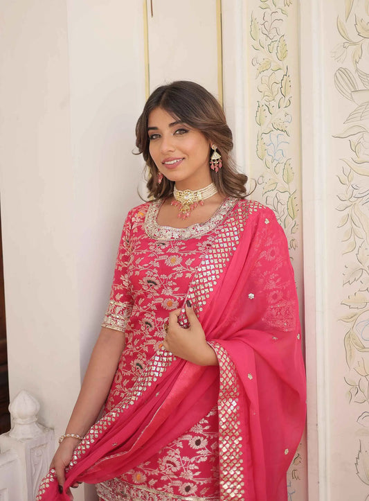 Pinkish Red Jacquard Embroidery Work Sharara Suit With Dupatta