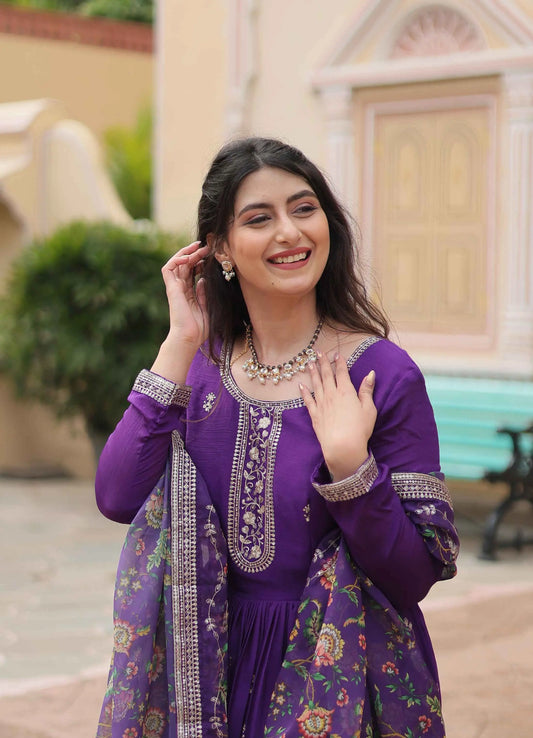 Dark Purple Sequins Embroidery Work Gown With Print Dupatta