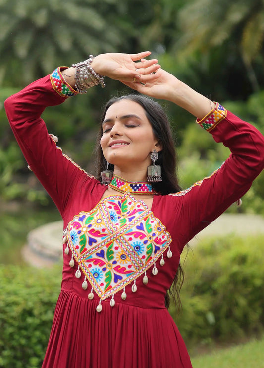 Maroon Rayon Kutchi Gamthi Patch Work Navratri Gown