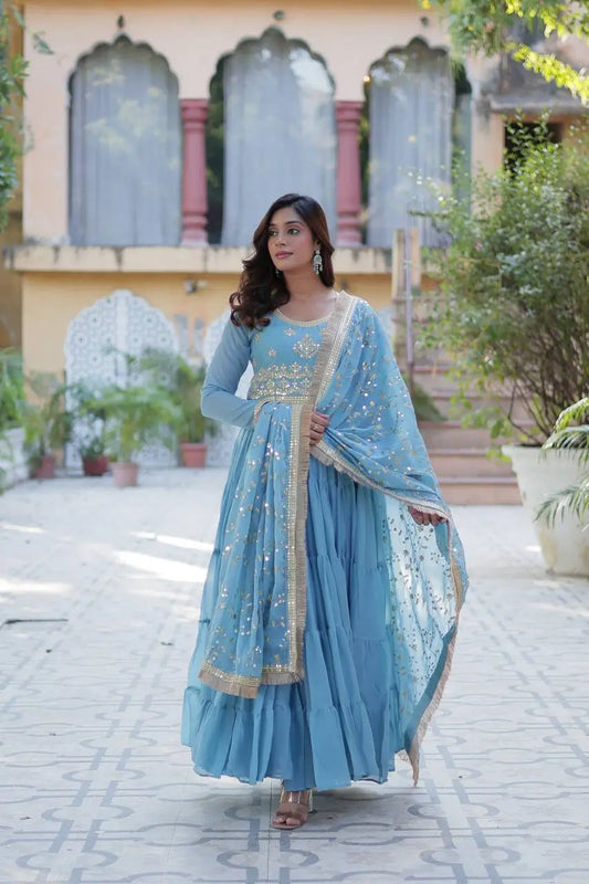 Sky Blue Embroidery Work Georgette Fully Flair Gown And Heavy Dupatta