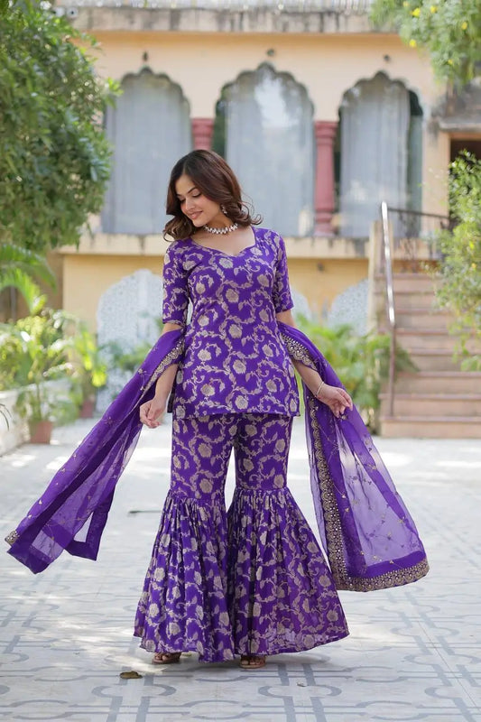 Purple Iris Georgette Jacquard Salwar Suit With Dupatta