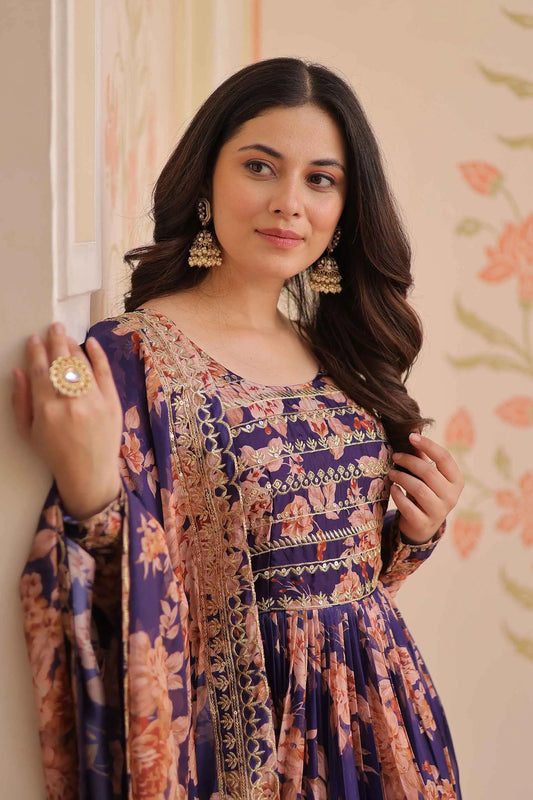 Purple Haze Floral Print Gown With Embroidery Work And Dupatta