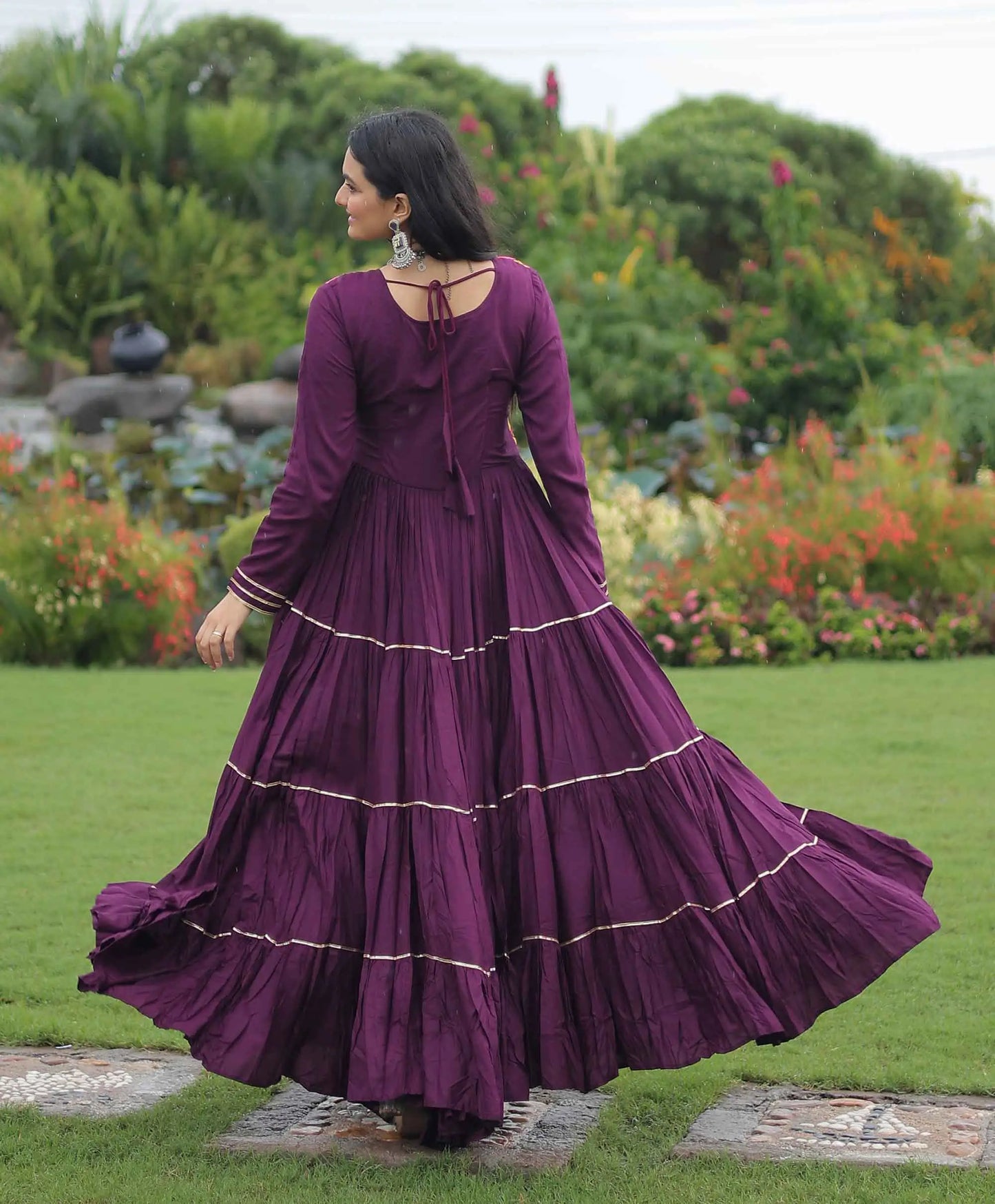 Wine Multi Thread Gamthi And Mirror Work Rayon Navaratri Gown