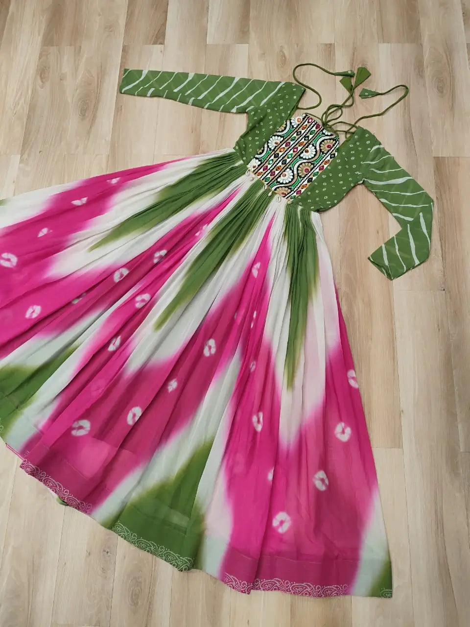 Green with Multicolor Bandhej & Gamthi Mirror Work Gown