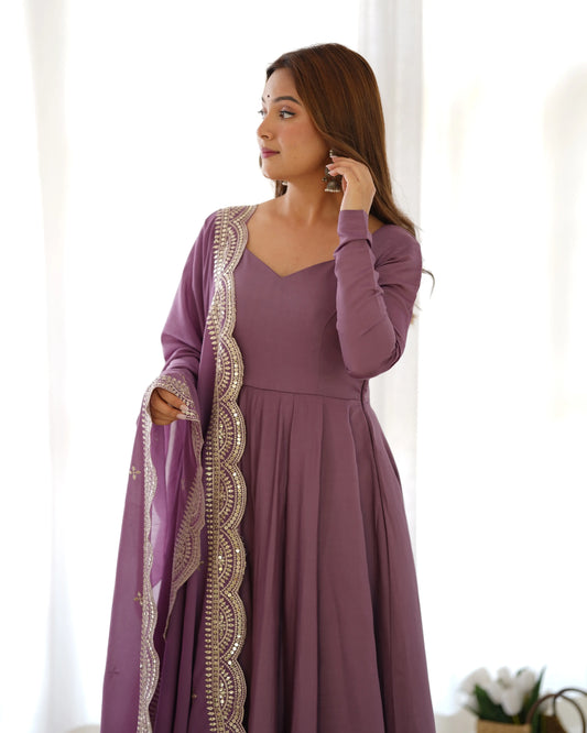 Dark Mauve Purple Silk Anarkali Gown With Georgette Embroidery Work Dupatta