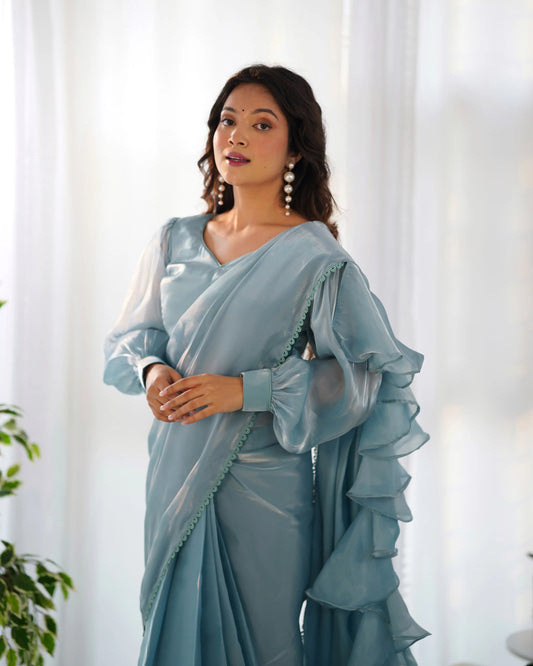 Sky Blue Jimmy Choo Organza Pre Draped Ready To Wear Saree