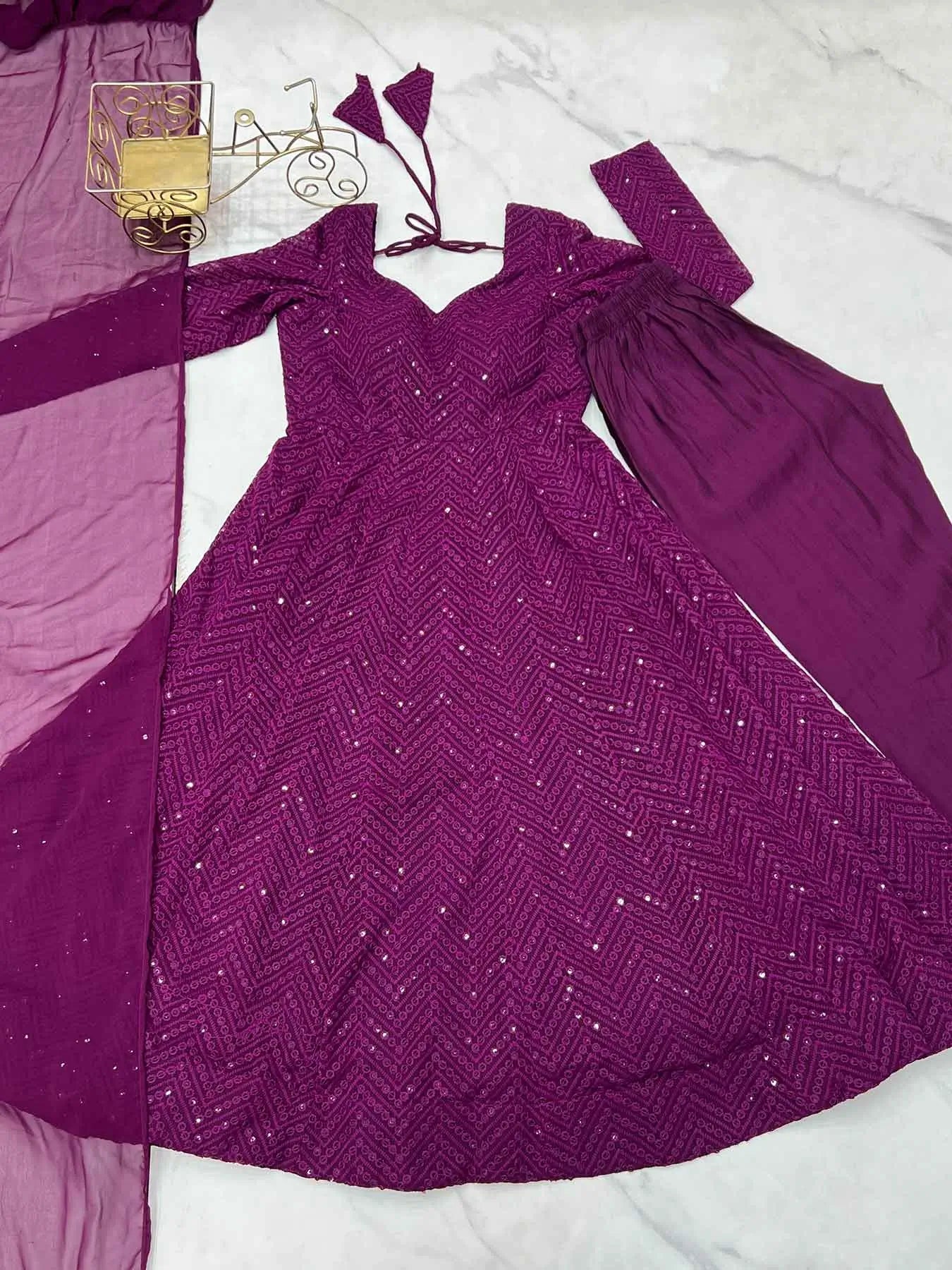 Grape Purple Lukhnowi Sequins Work Gown