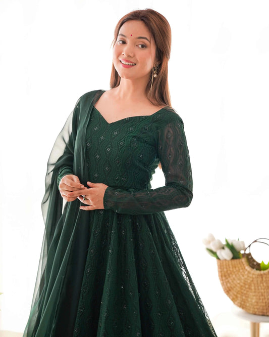 Dark Green Lukhnowi Work Georgette Gown With Ruffle Style Dupatta