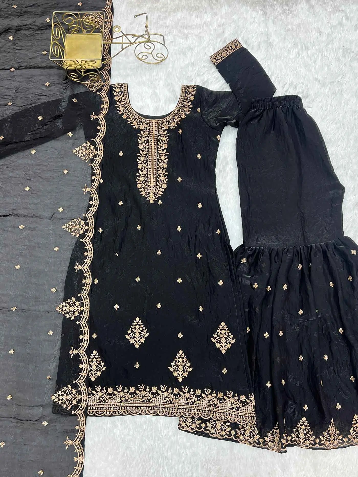 Shiny Black Zari Embroidery Work Sharara Set