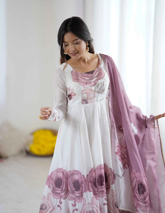 Onion Pink Floral Print Organza Gown