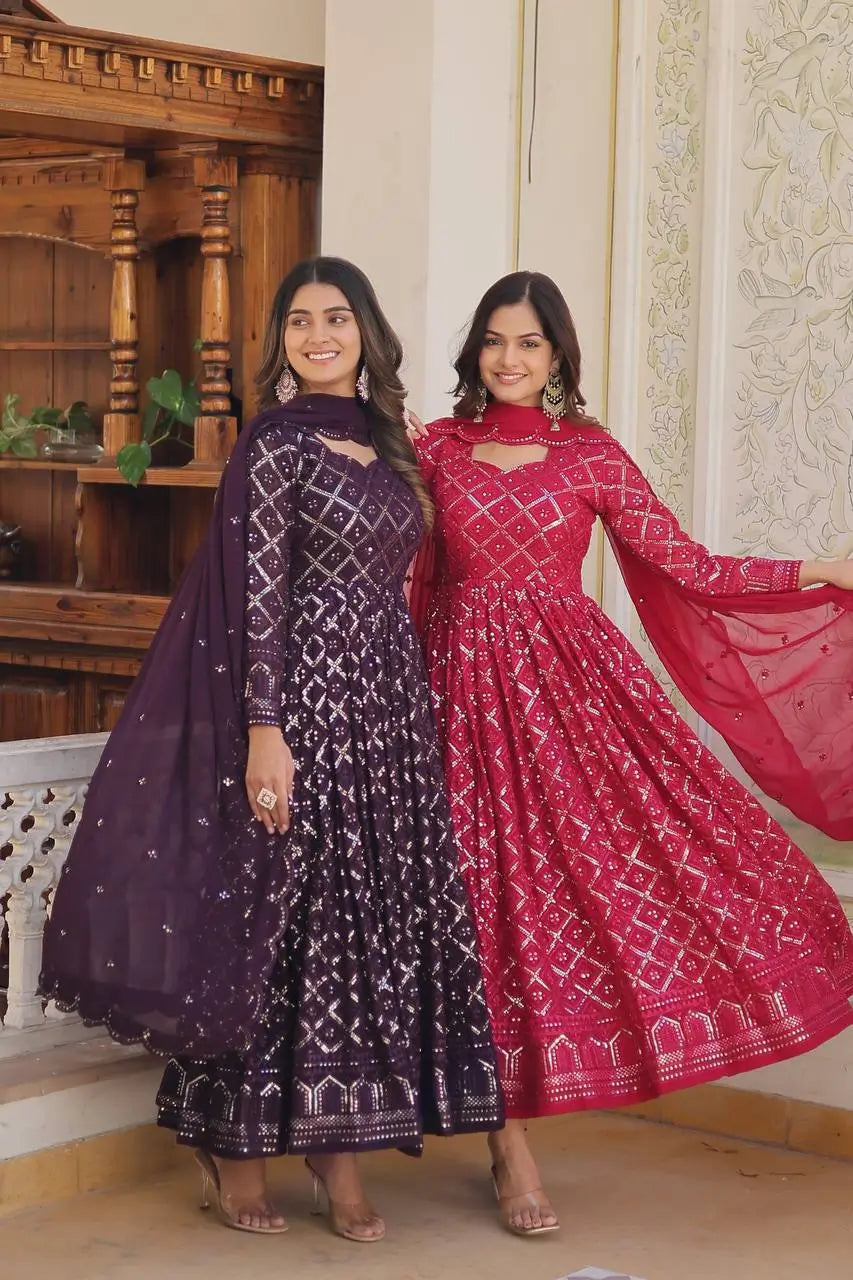 Pink Georgette Heavy Embroidered Anarkali Gown with Dupatta
