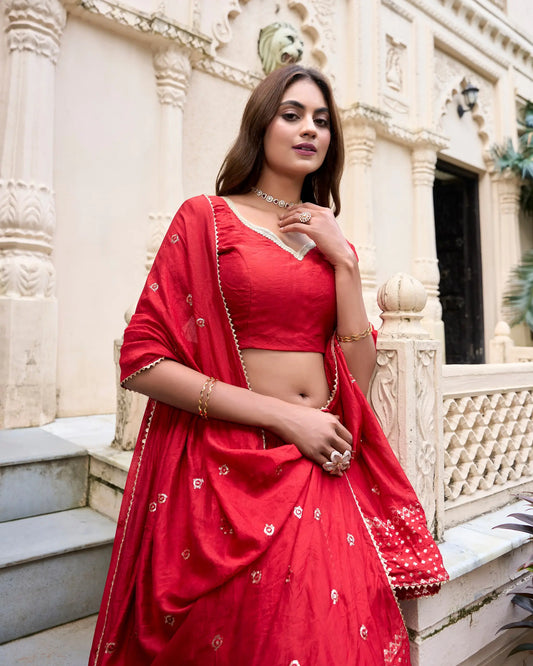 Hot Red Chanderi Silk Zari Weaving Lehenga Choli