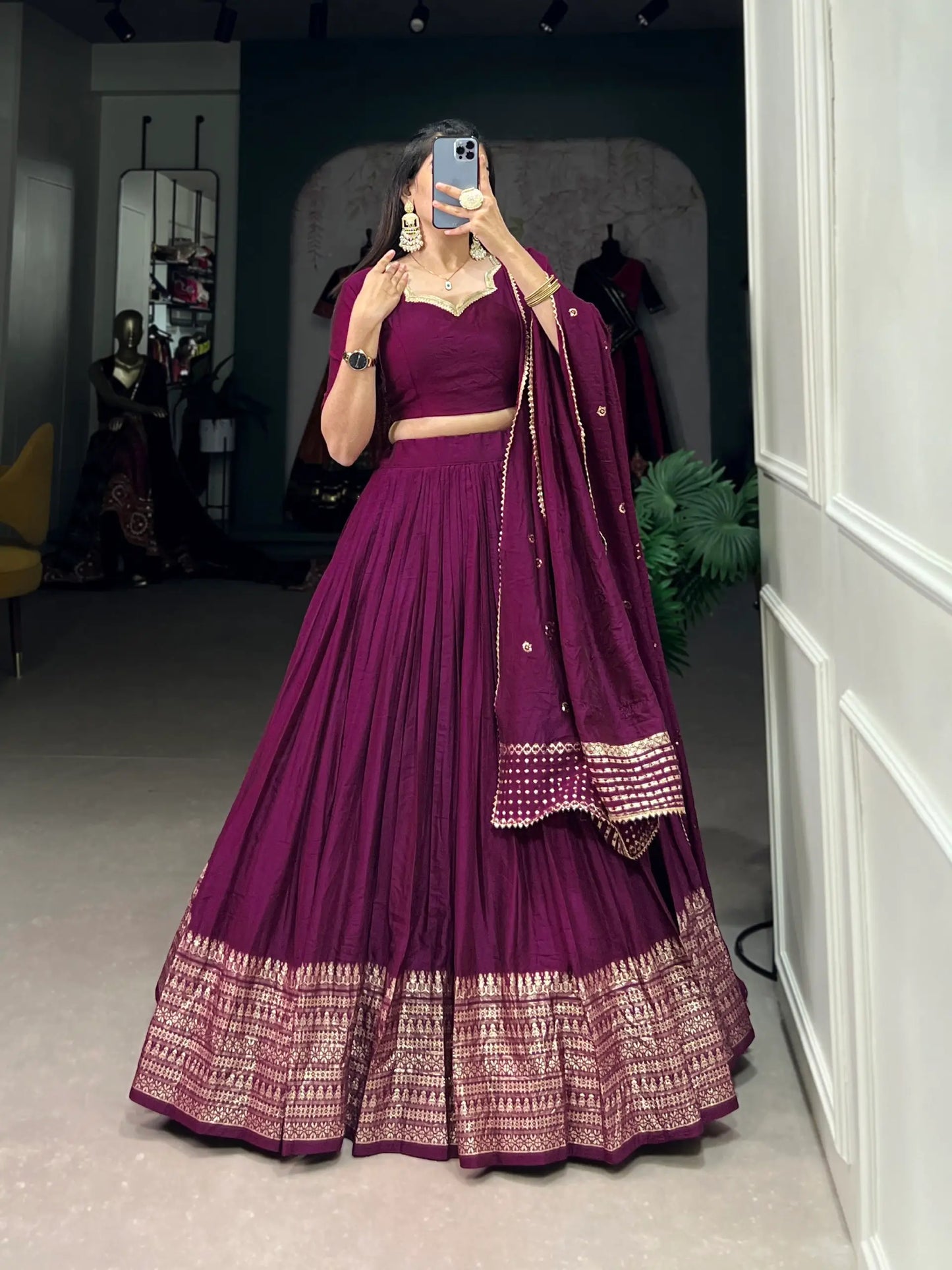Wine Berry Chanderi Silk Zari Weaving Lehenga Choli