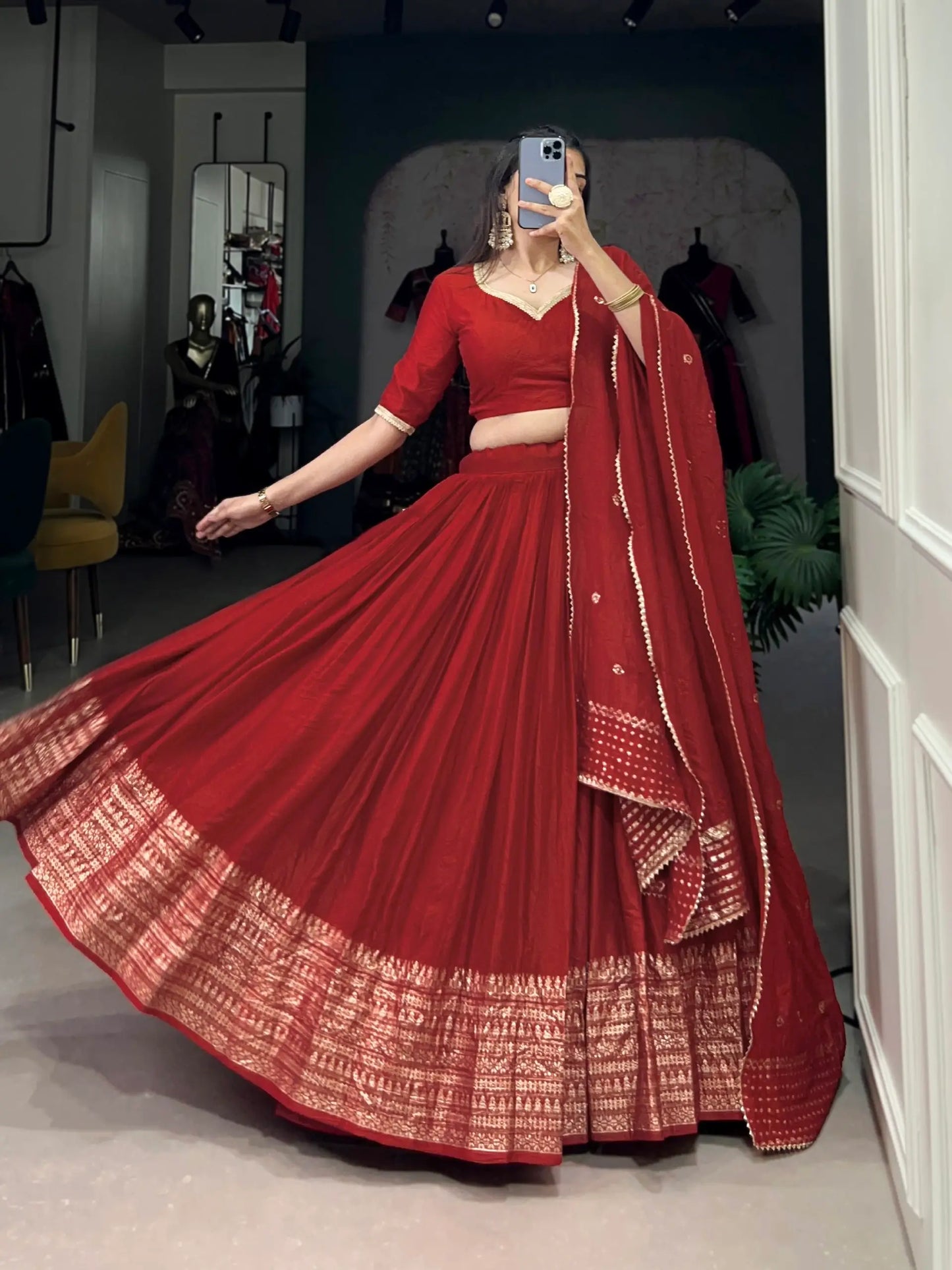 Hot Red Chanderi Silk Zari Weaving Lehenga Choli