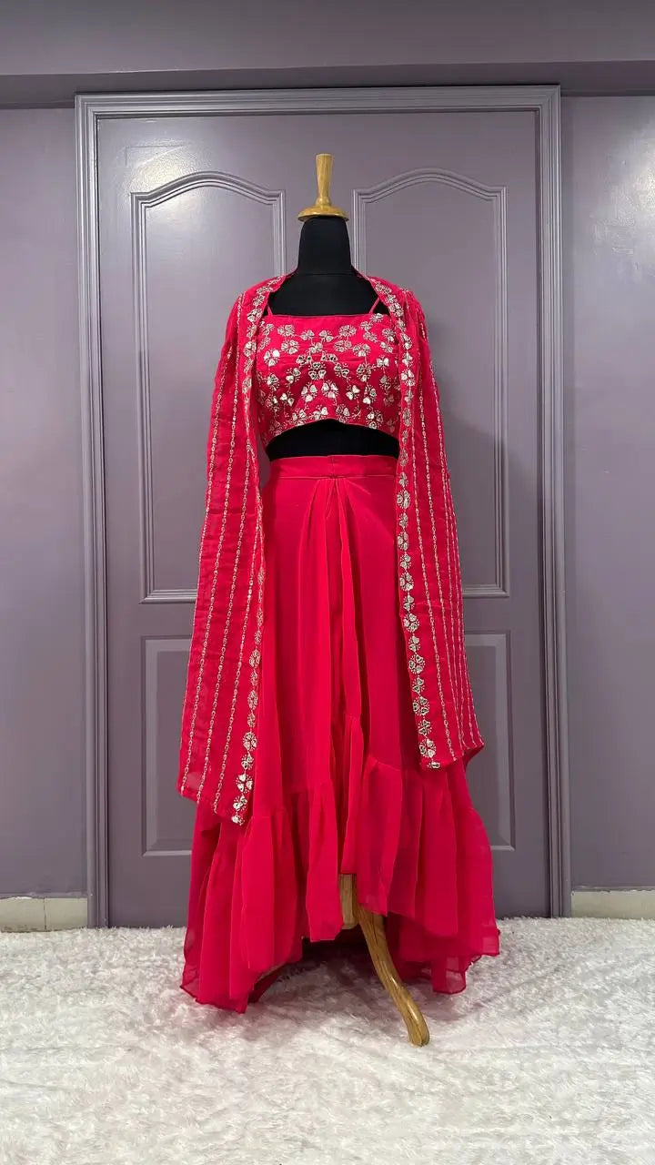 Pink Georgette Indo Western Set With Sequins & Paper Mirror Work