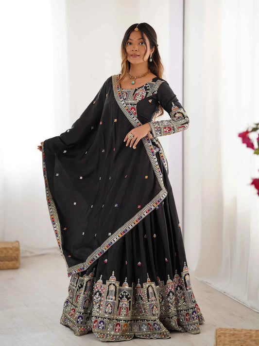 Beautiful Black Cording Dori Embroidery Work Lehenga With Dupatta