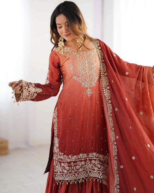 Peach Red Cording Sequins Work With Rivet Moti Sharara Set With Dupatta