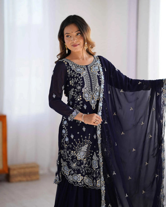 Navy Blue Sequins Embroidery Work Sharara Set With Dupatta