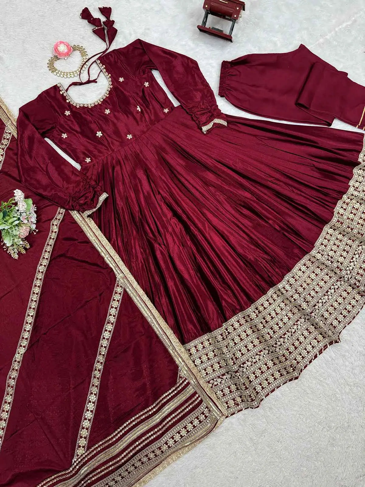 Maroon Sequins Embroidery Work Silk Gown