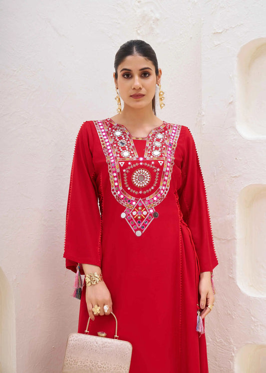 Red Thread Embroidery And Real Mirror Work Rayon Palazzo Set