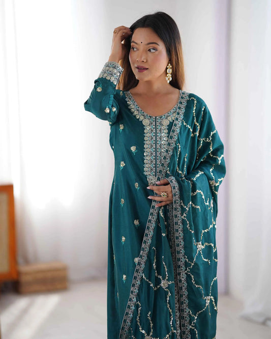 Dark Teal Blue Sequins Embroidery Work Salwar Suit With Dupatta