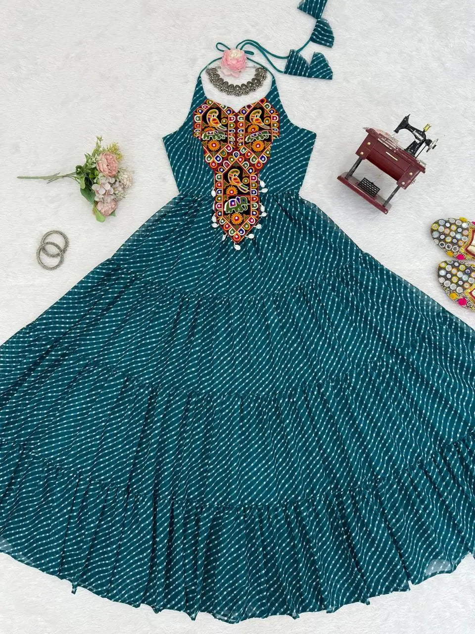 Teal Blue Laheriya Print Chain Stitch Mirror Wok Navratri Gown