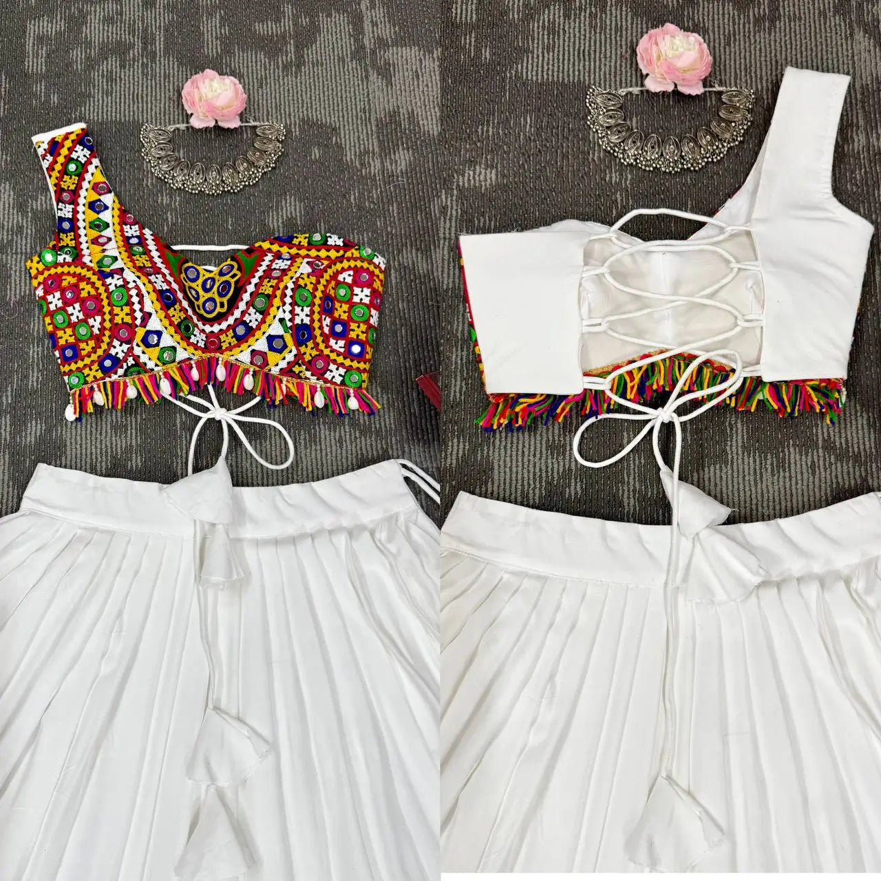 White Multi Thread Gamthi Patch Work Rayon Navratri Lehenga Choli