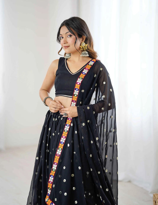 Black Georgette Navratri Lehenga With Sequins Gamthi & Mirror Work
