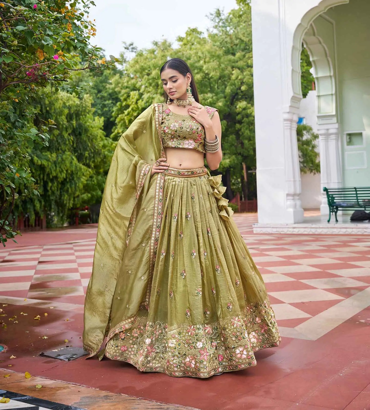 Olive Green Sequins Embroidery Lehenga Choli