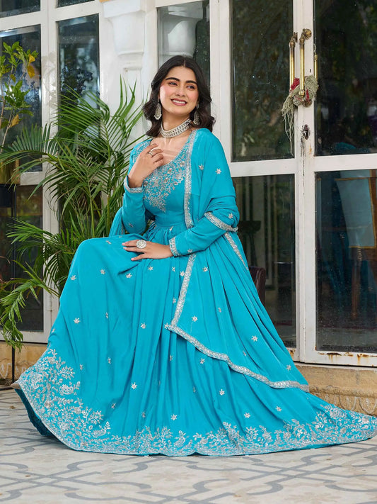 Bondi Blue Sequins Embroidery Work Silk Gown And Dupatta