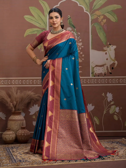 Regal Blue Tussar Silk Handloom Weaving Saree