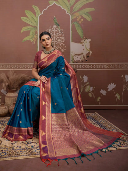 Regal Blue Tussar Silk Handloom Weaving Saree