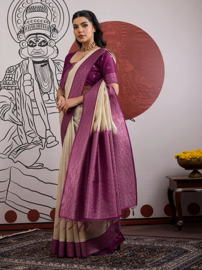 Beige-Wine Paper Silk Zari Weaving Saree
