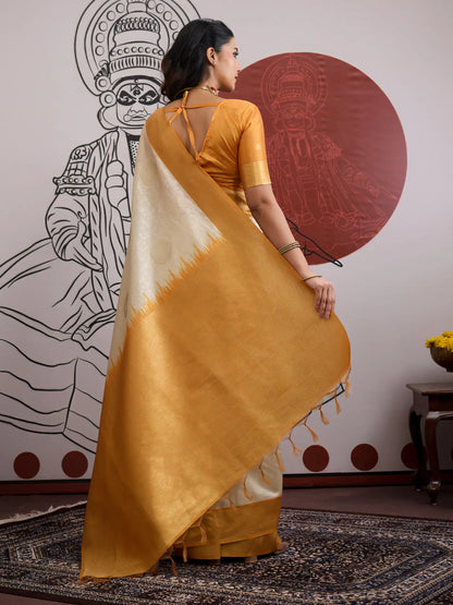 Beige-Yellow Paper Silk Zari Weaving Saree