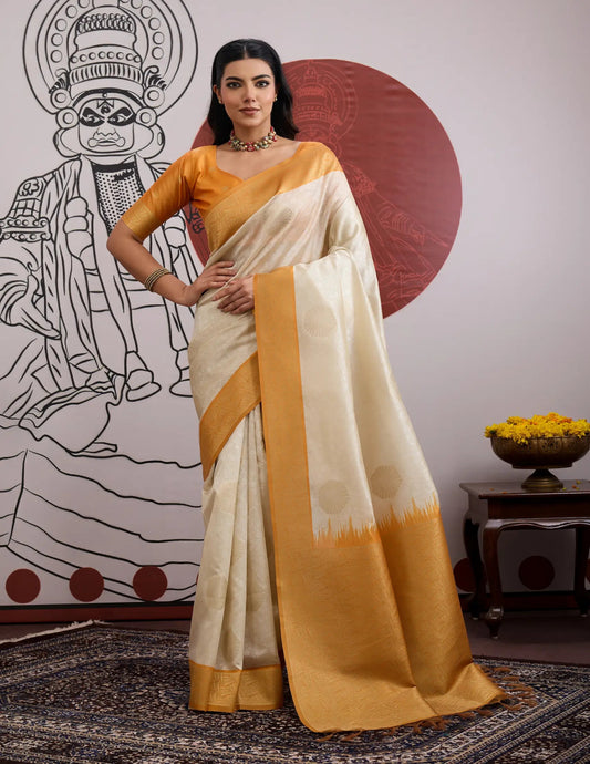 Beige-Yellow Paper Silk Zari Weaving Saree