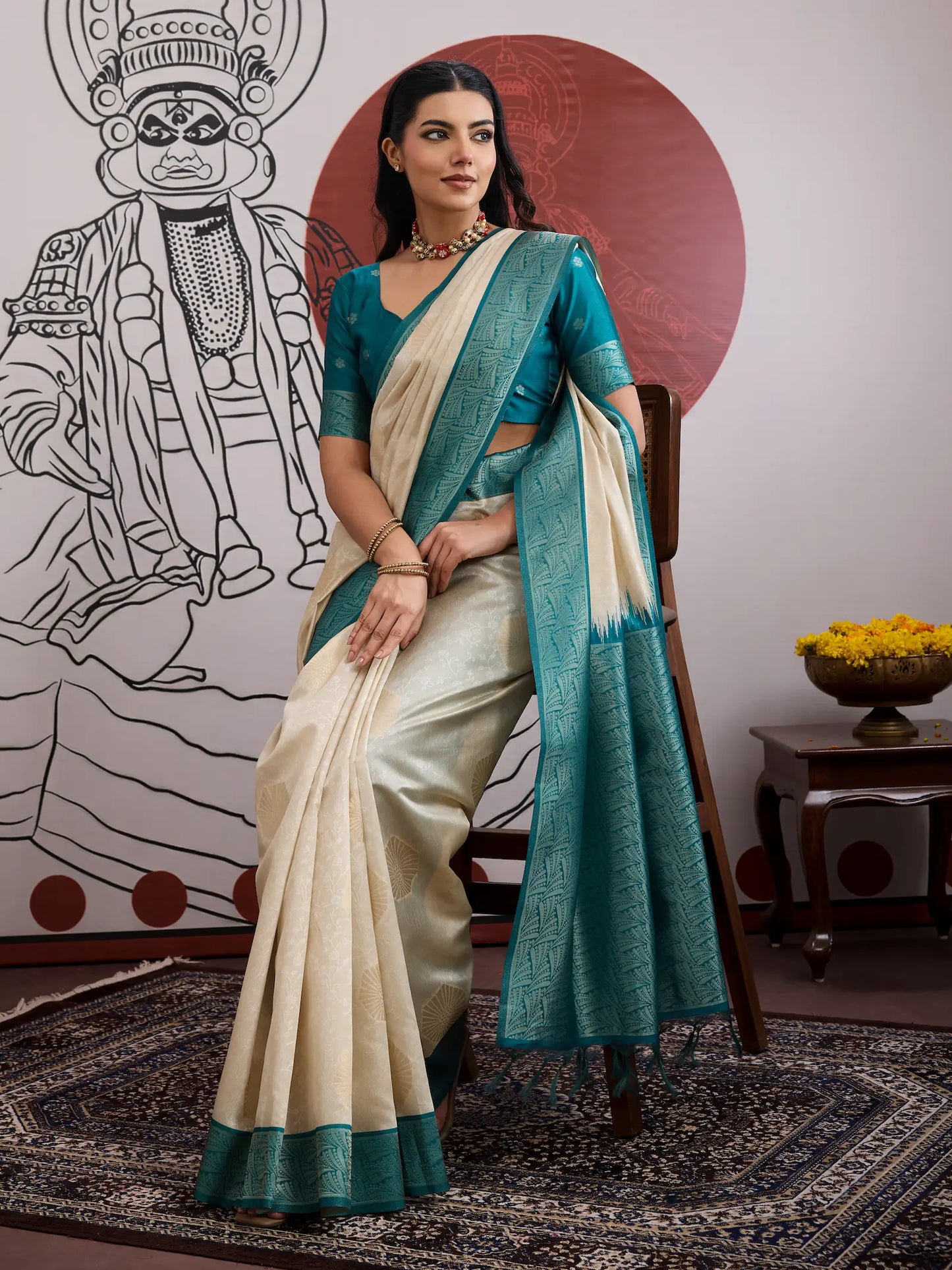 Beige-Teal Paper Silk Zari Weaving Saree