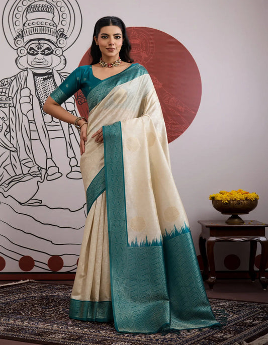 Beige-Teal Paper Silk Zari Weaving Saree