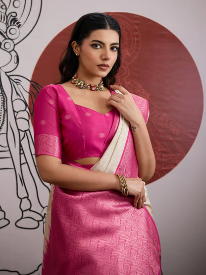 Beige-Pink Paper Silk Zari Weaving Saree