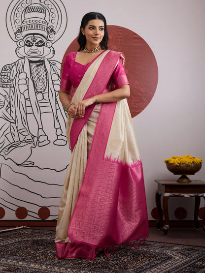 Beige-Pink Paper Silk Zari Weaving Saree