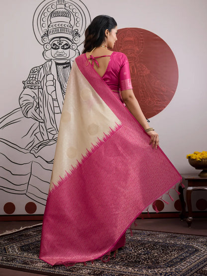 Beige-Pink Paper Silk Zari Weaving Saree