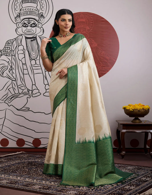 Beige-Green Paper Silk Zari Weaving Saree
