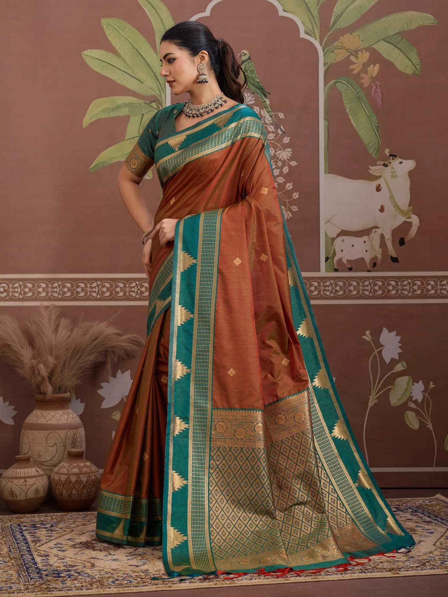 Rust Orange Tussar Silk Handloom Weaving Saree