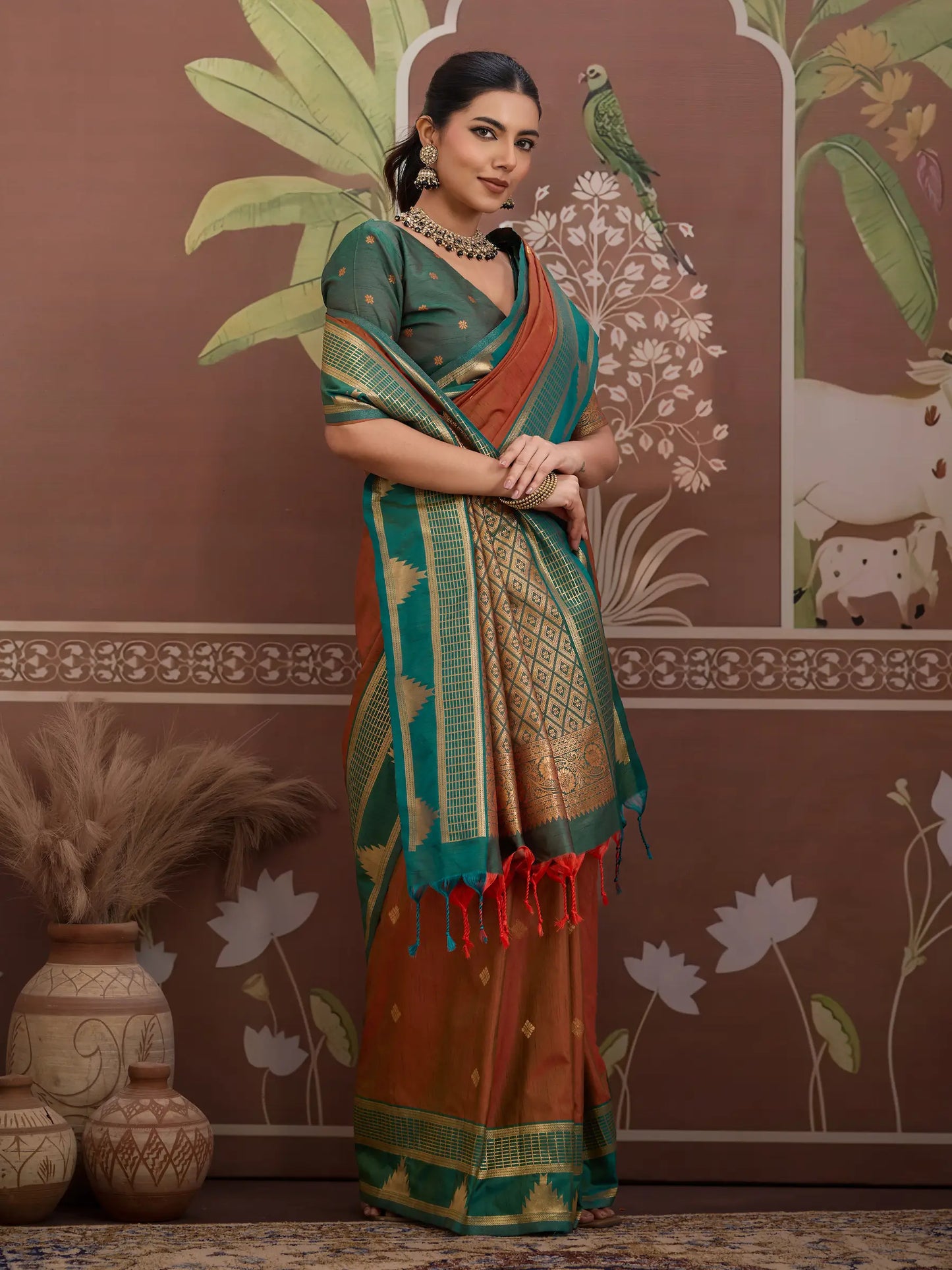 Rust Orange Tussar Silk Handloom Weaving Saree