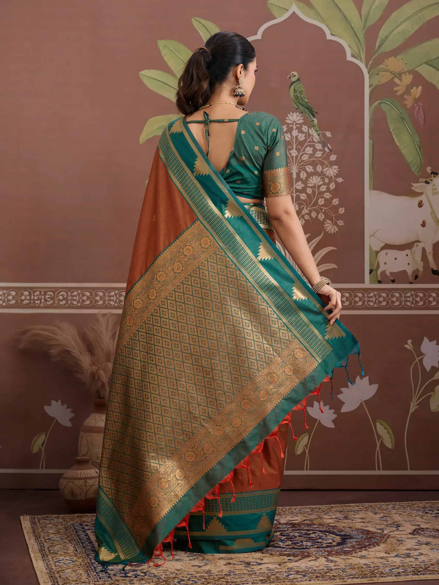 Rust Orange Tussar Silk Handloom Weaving Saree