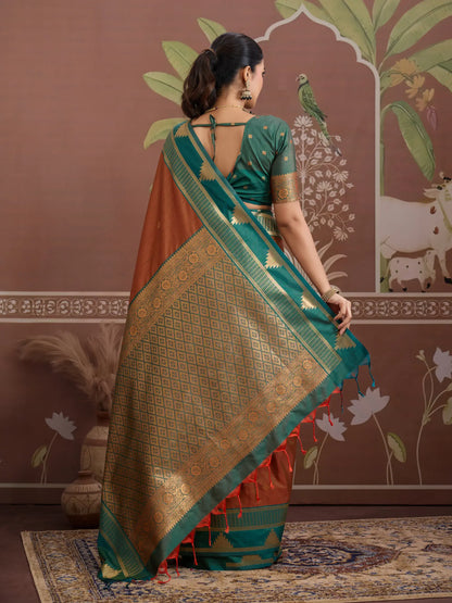 Rust Orange Tussar Silk Handloom Weaving Saree