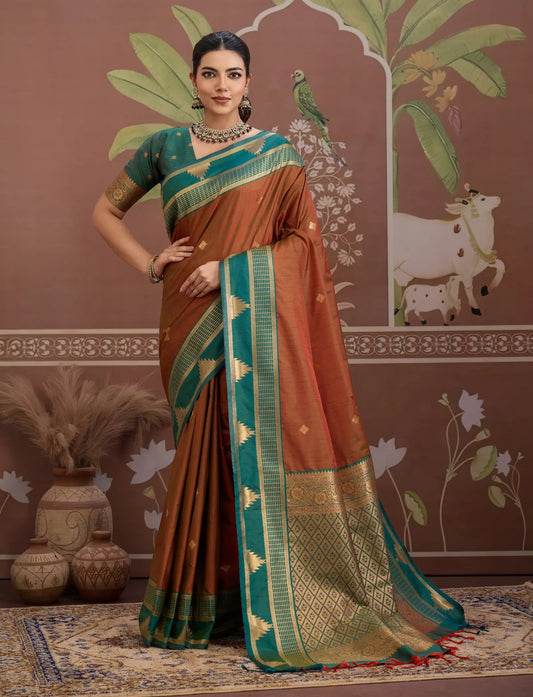 Rust Orange Tussar Silk Handloom Weaving Saree