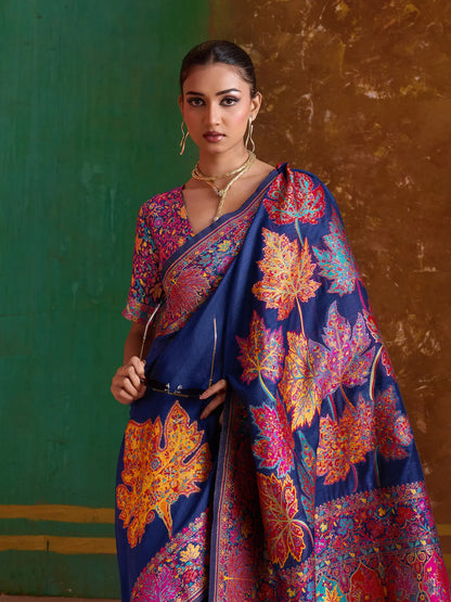 Navy Blue Cotton Pashmina Weaving Saree