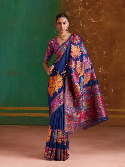Navy Blue Cotton Pashmina Weaving Saree