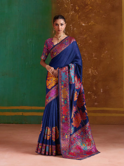 Navy Blue Cotton Pashmina Weaving Saree